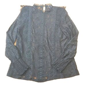 Cable & Gauge Crochet Lace Blouse Sz Large Sheer Black Whimisgoth Corporate Goth